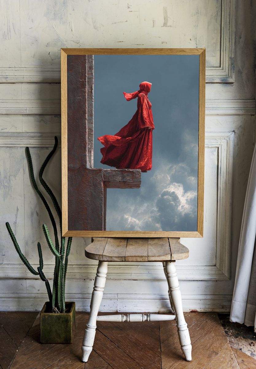 Red Cloaked Figure Surrealism Print. room preview