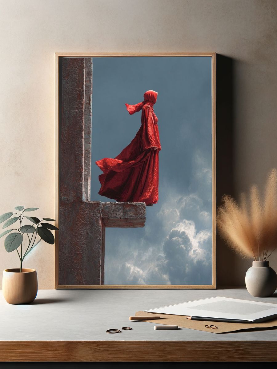 Red Cloaked Figure Surrealism Print. — room view 2