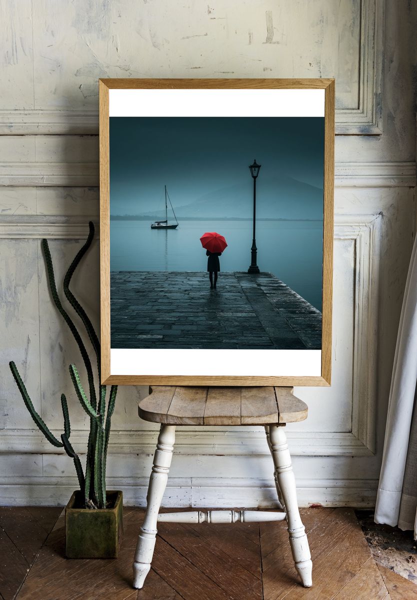 Red Umbrella Lakeside Photography Poster. — room view 1