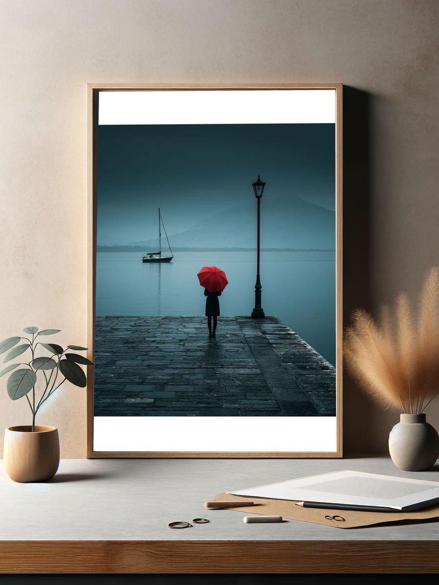 Red Umbrella Lakeside Photography Poster. — room view 2
