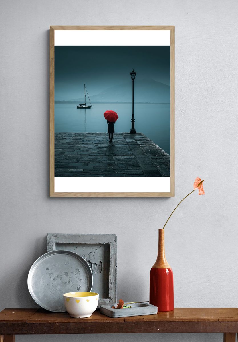 Red Umbrella Lakeside Photography Poster. — room view 3