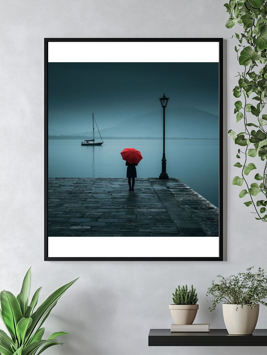 Red Umbrella Lakeside Photography Poster. — room view 4