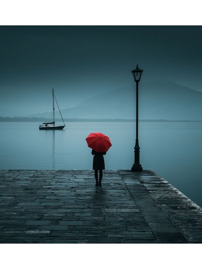 Red Umbrella Lakeside Photography Poster. poster