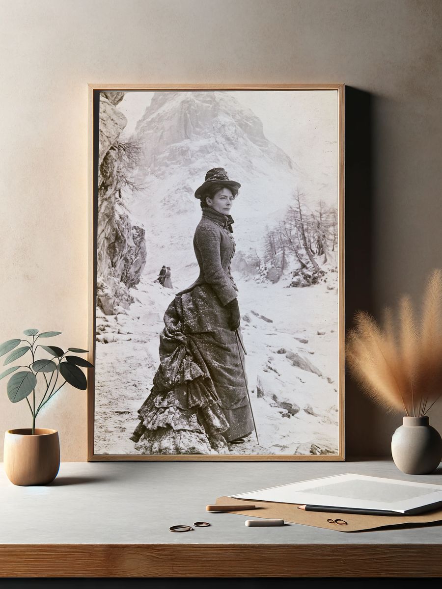 Victorian Woman in Snowy Alps Print. — room view 2