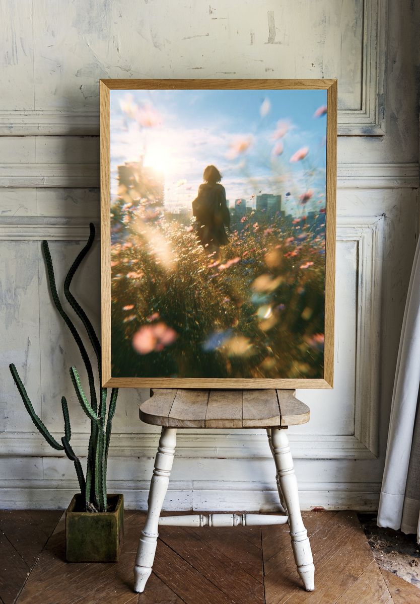 Sunlit Meadow Silhouette Photography Poster. — room view 1