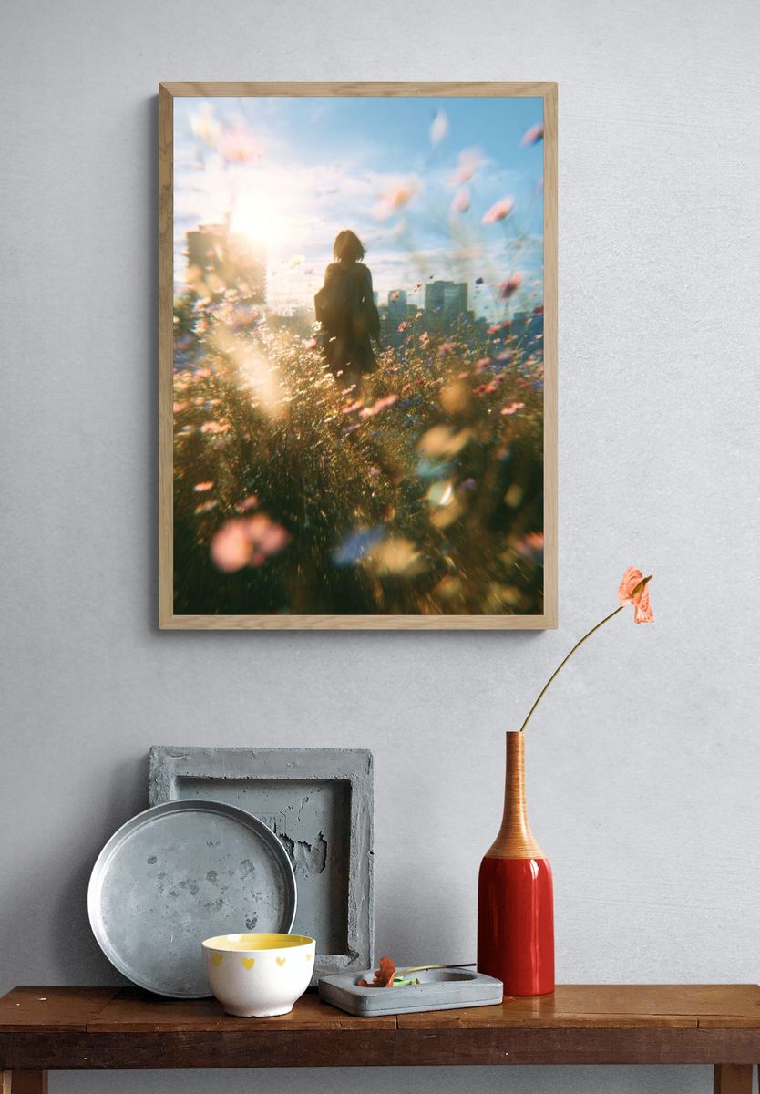 Sunlit Meadow Silhouette Photography Poster. — room view 3