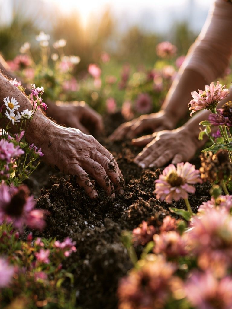 Hands Planting Wildflowers Photography Poster. poster detail