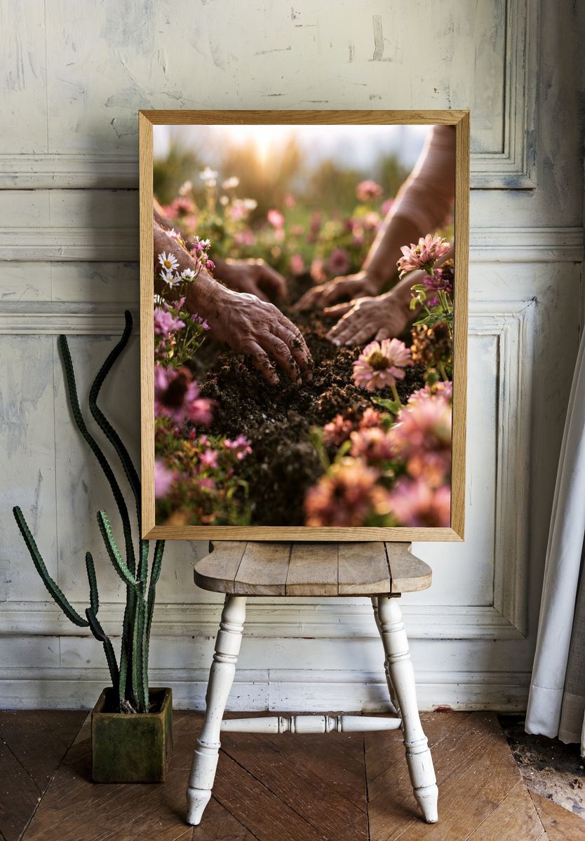Hands Planting Wildflowers Photography Poster. — room view 1