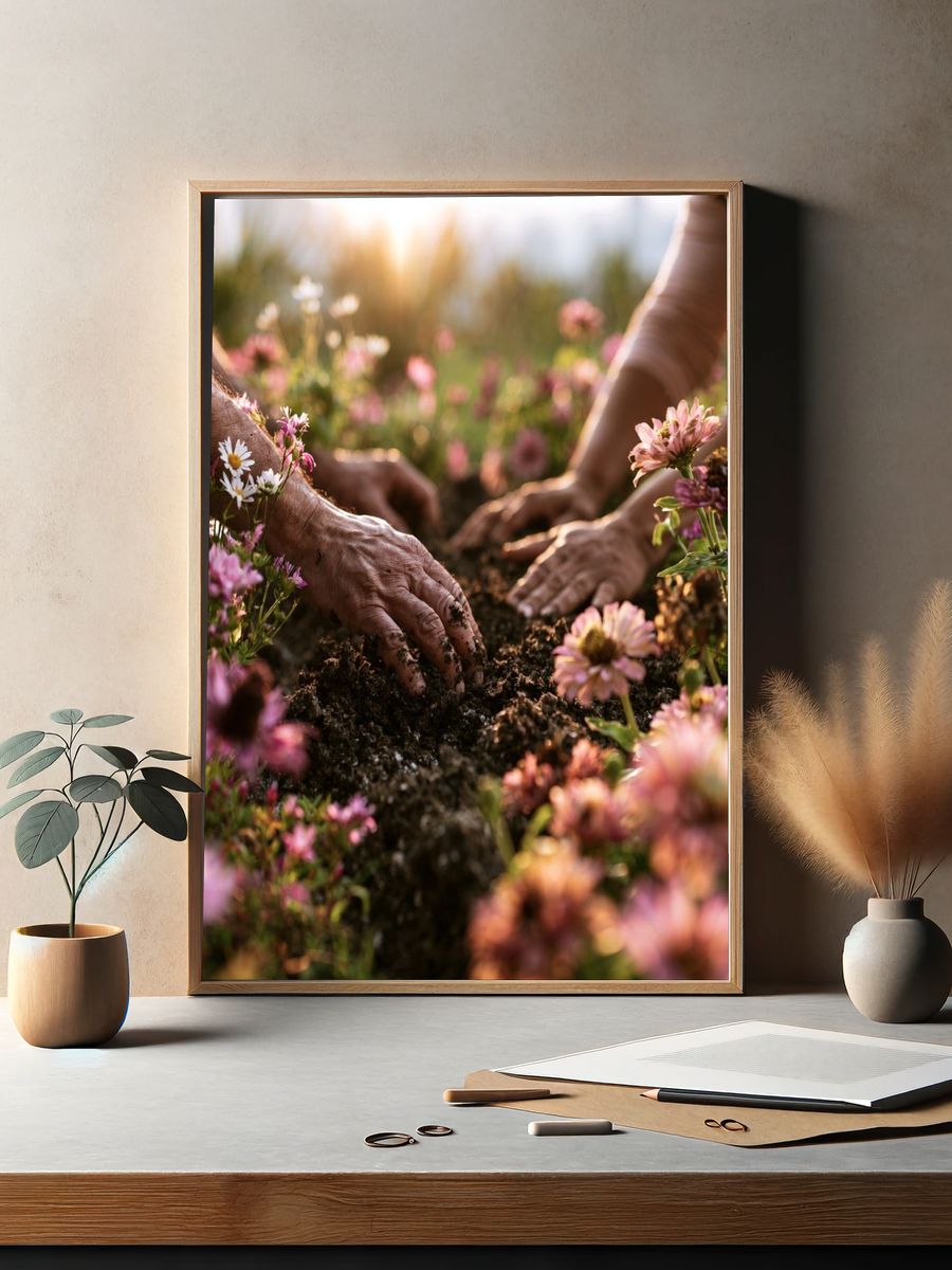 Hands Planting Wildflowers Photography Poster. — room view 2