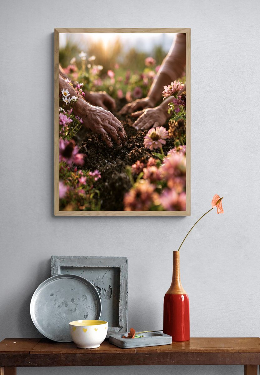 Hands Planting Wildflowers Photography Poster. — room view 3