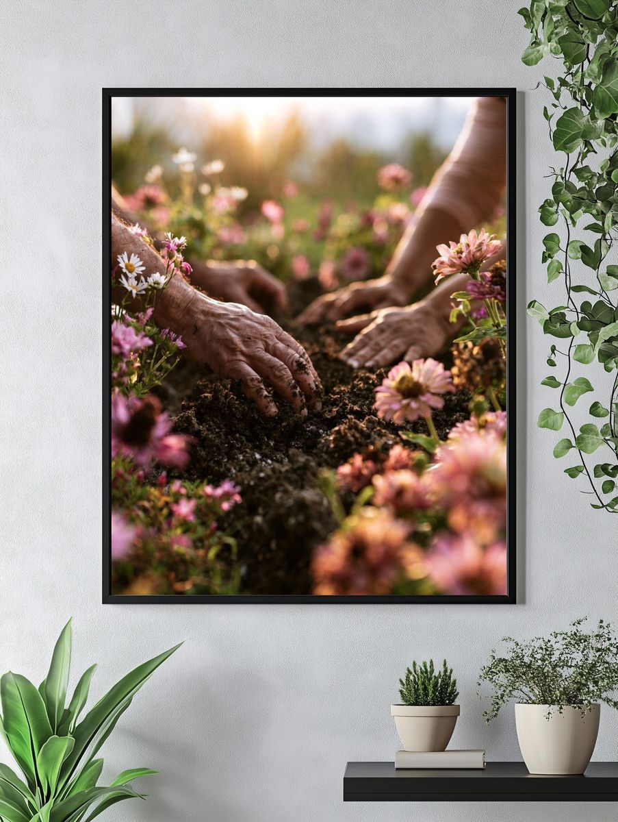 Hands Planting Wildflowers Photography Poster. — room view 4