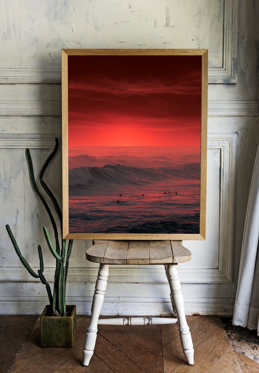 Red Ocean Sunset Photography Poster. room preview