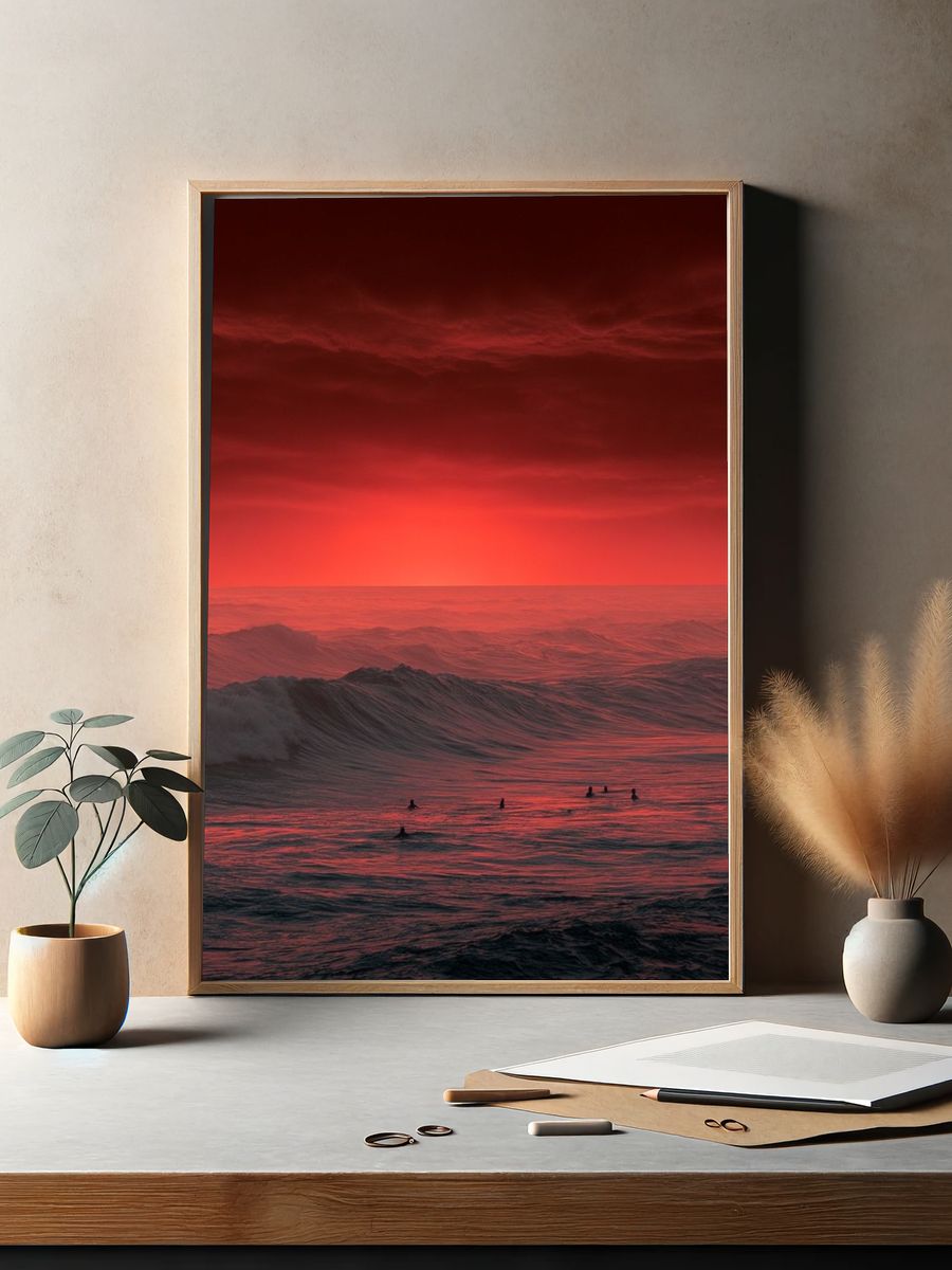Red Ocean Sunset Photography Poster. — room view 2