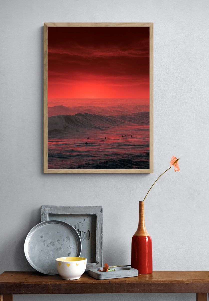 Red Ocean Sunset Photography Poster. — room view 3