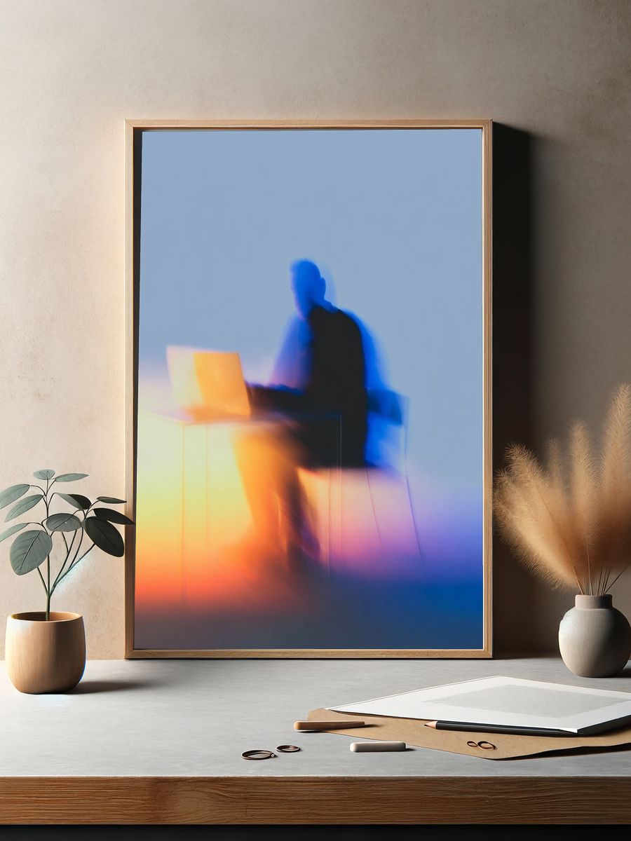 Blurred Figure at Laptop Photography Poster. — room view 2