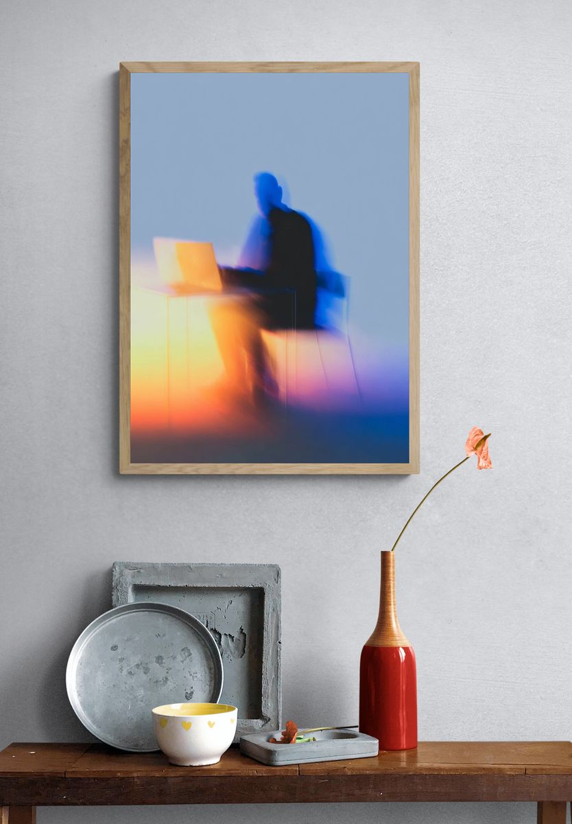 Blurred Figure at Laptop Photography Poster. — room view 3