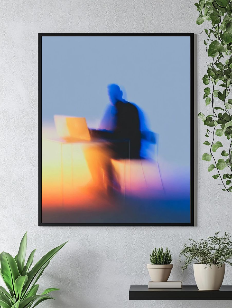 Blurred Figure at Laptop Photography Poster. — room view 4