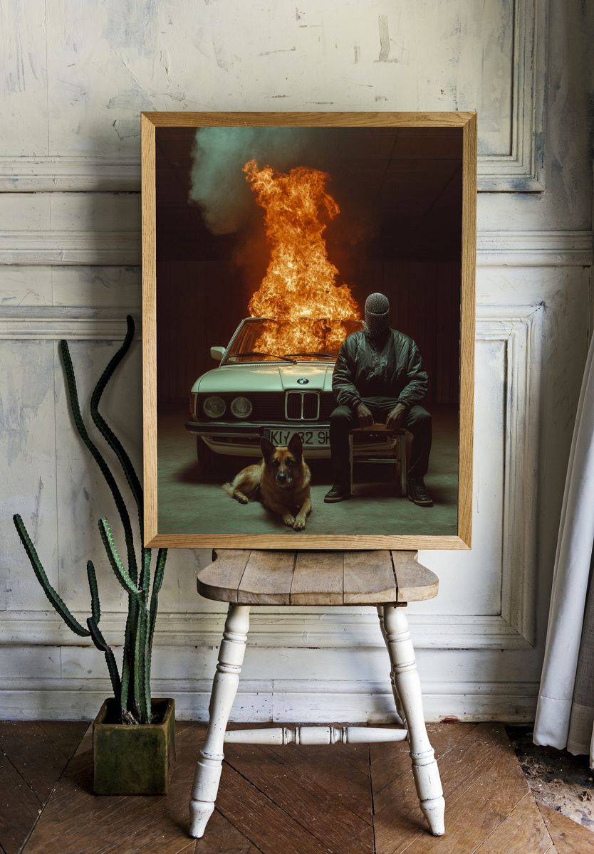 Burning Car Noir Photography Poster. room preview