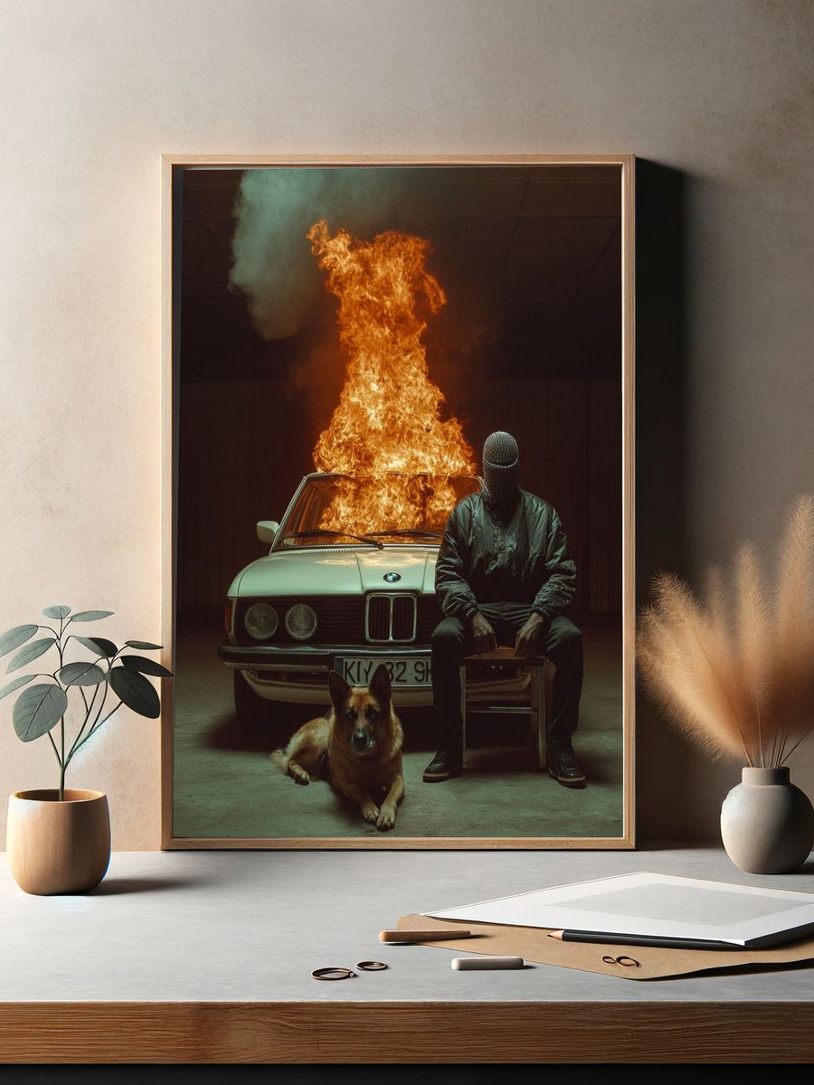 Burning Car Noir Photography Poster. — room view 2