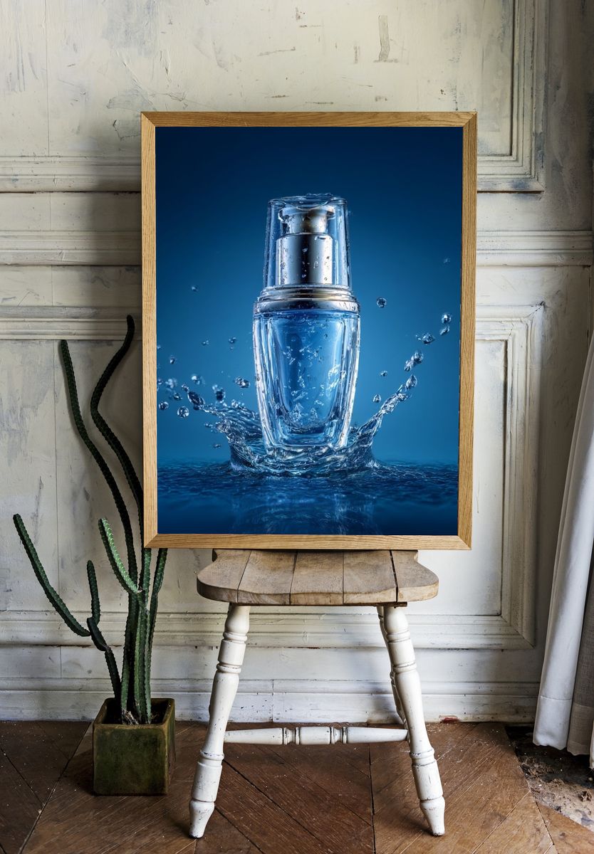 Blue Cosmetic Bottle Photography Poster. — room view 1