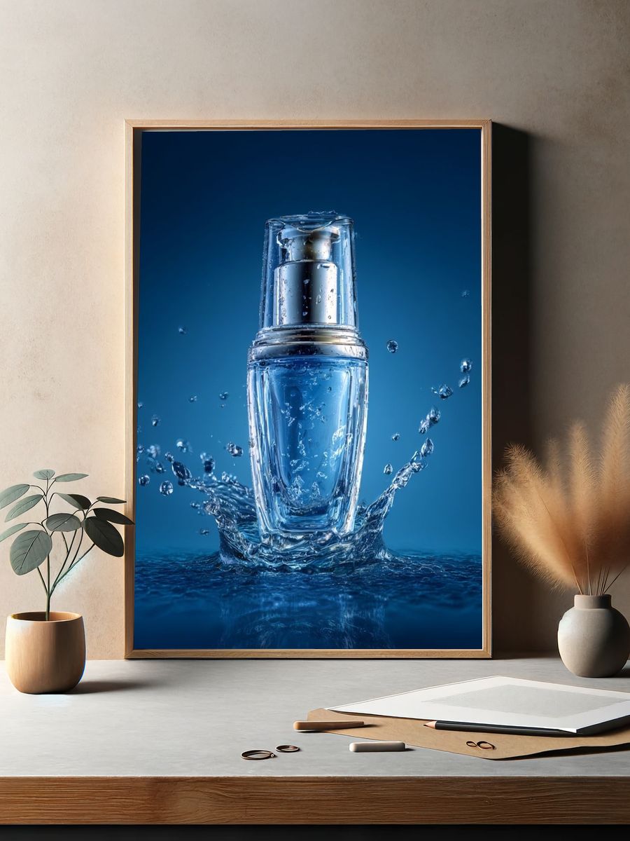 Blue Cosmetic Bottle Photography Poster. — room view 2