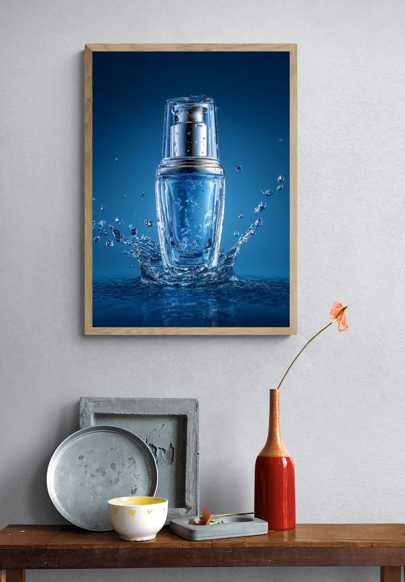 Blue Cosmetic Bottle Photography Poster. — room view 3