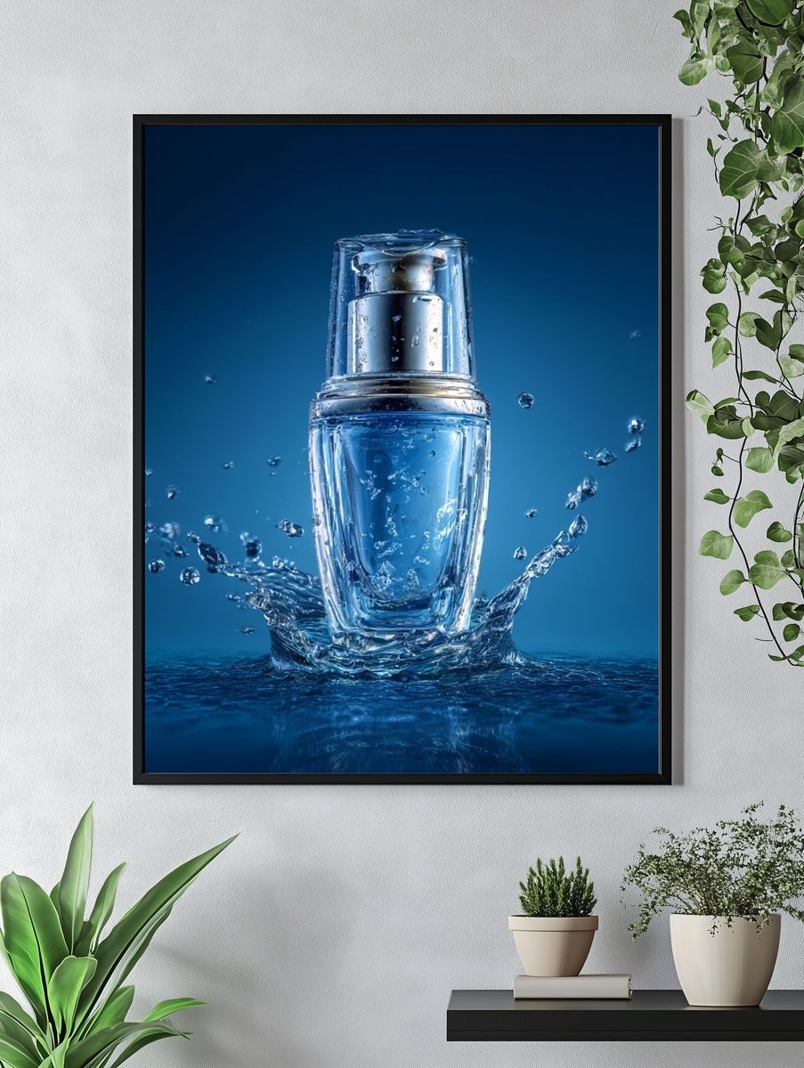 Blue Cosmetic Bottle Photography Poster. — room view 4