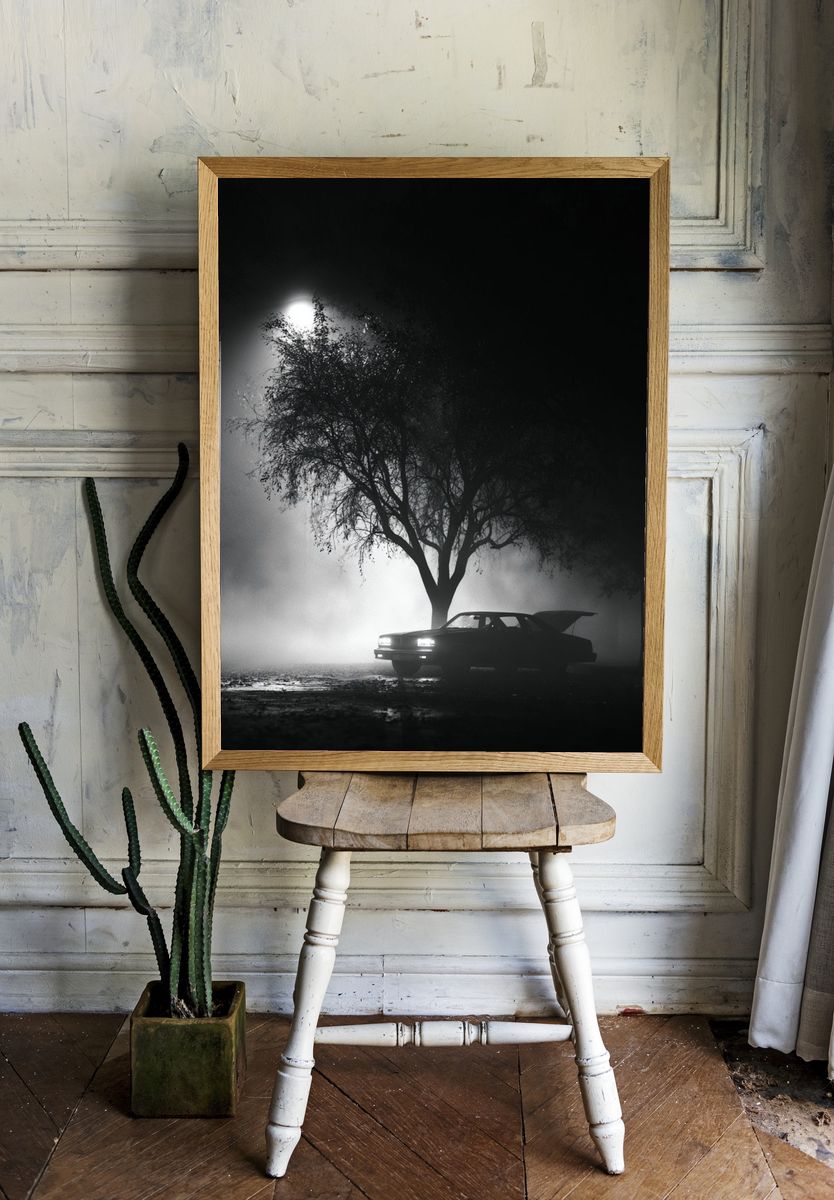 Foggy Night Car Silhouette Poster. — room view 1