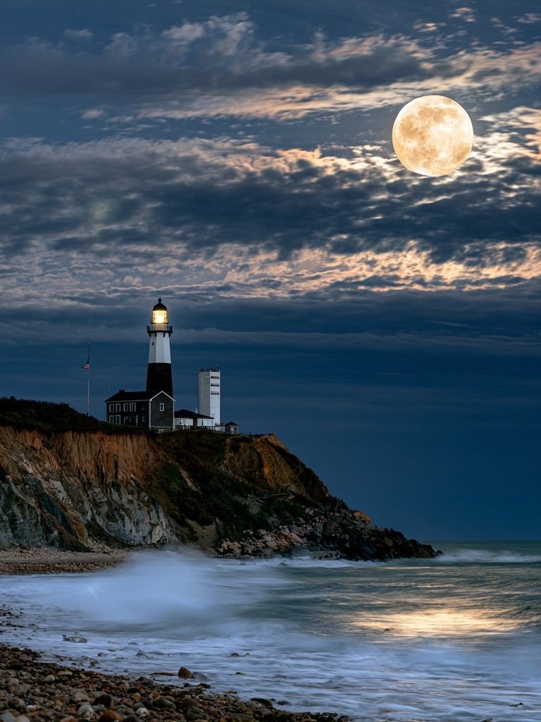 Moonlit Lighthouse Coast Poster. poster — photography art