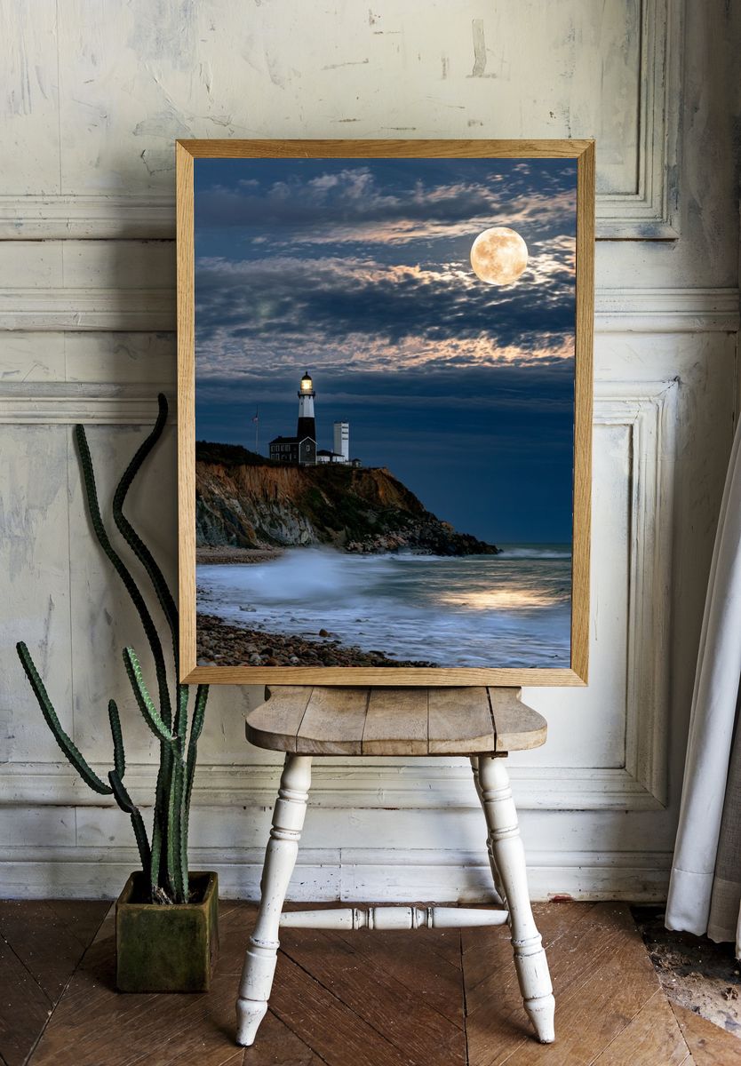 Moonlit Lighthouse Coast Poster. room preview