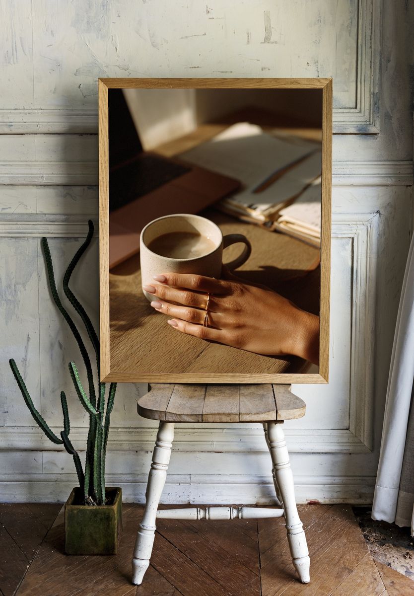 Cozy Coffee Desk Photography Poster. — room view 1