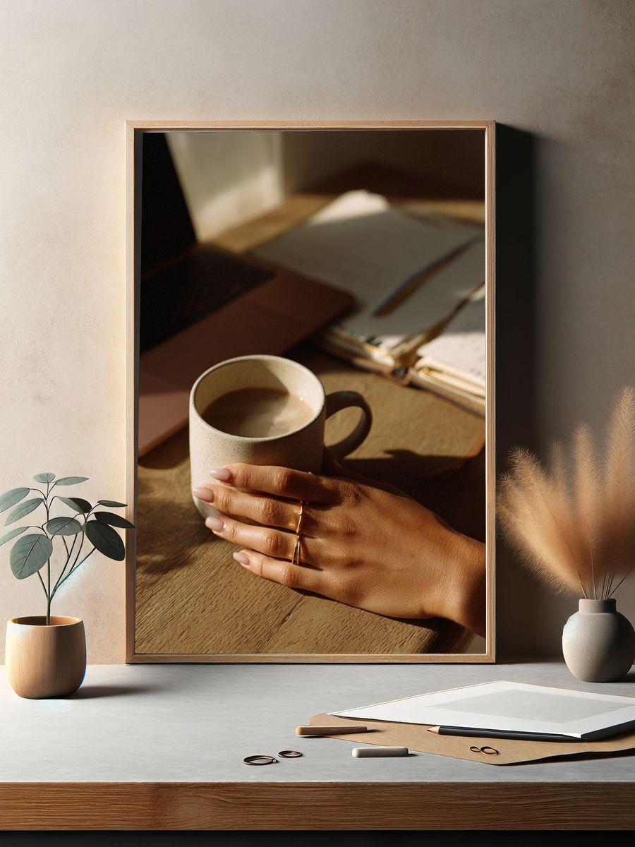 Cozy Coffee Desk Photography Poster. — room view 2