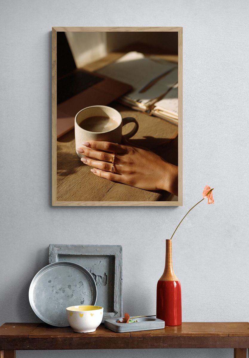 Cozy Coffee Desk Photography Poster. — room view 3