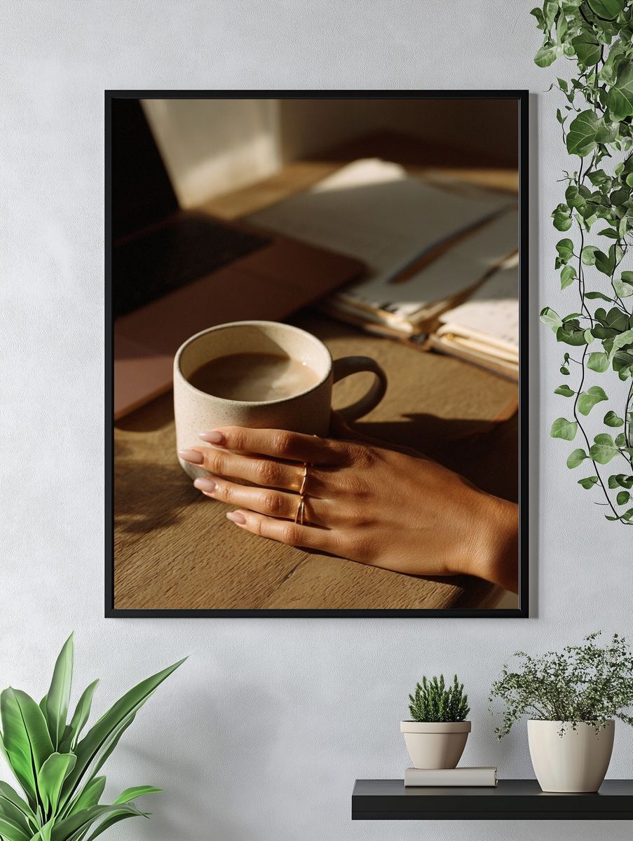 Cozy Coffee Desk Photography Poster. — room view 4