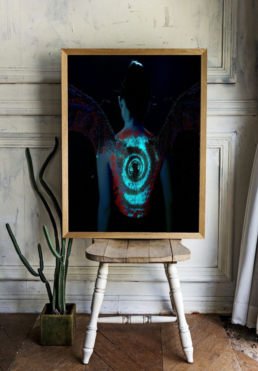 Neon Winged Figure Photography Poster. — room view 1