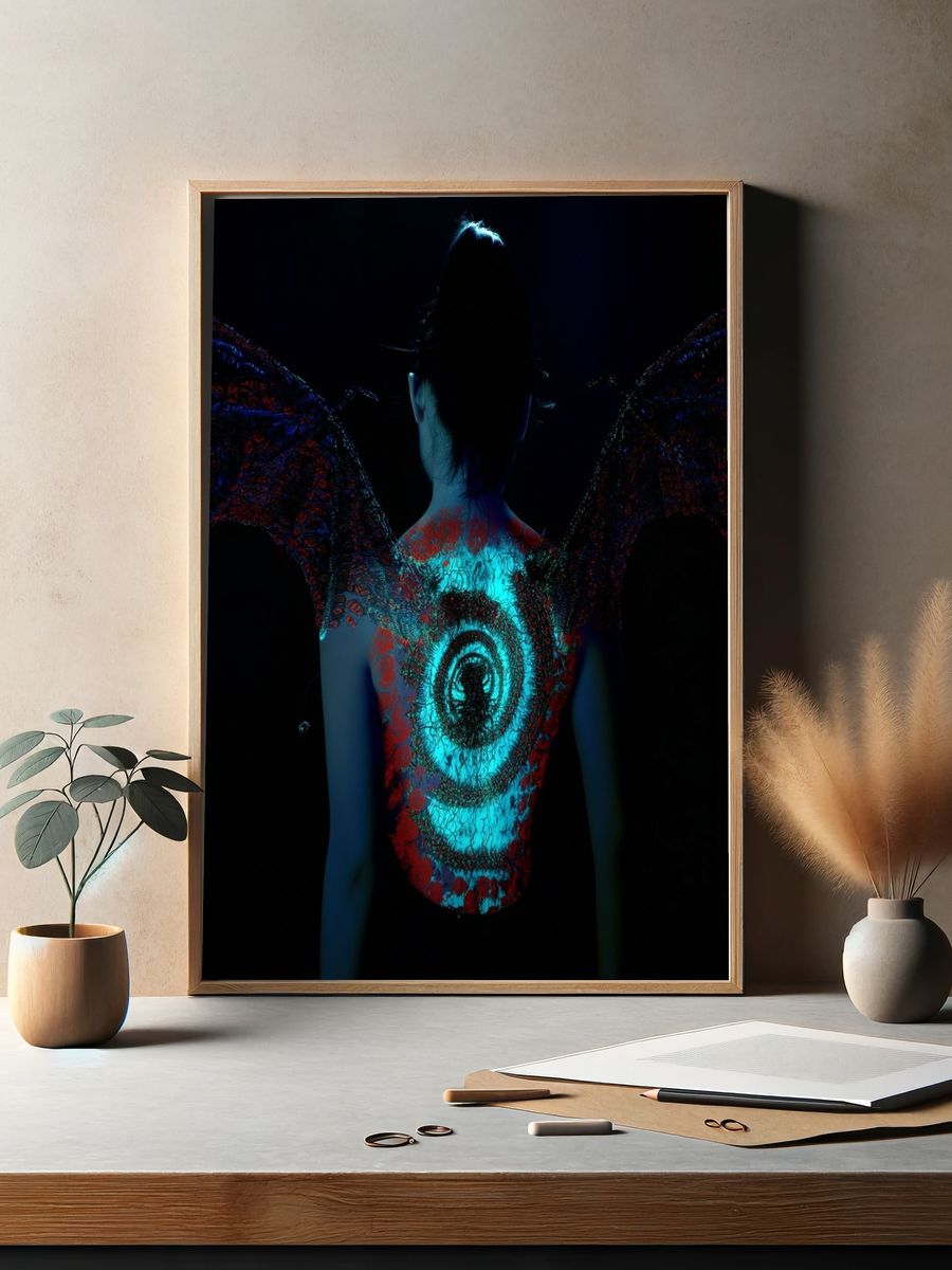 Neon Winged Figure Photography Poster. — room view 2