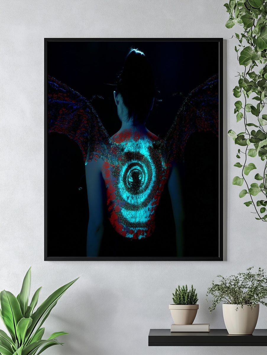 Neon Winged Figure Photography Poster. — room view 4