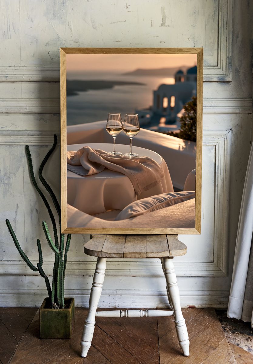 Santorini Sunset Wine Photography Poster. room preview