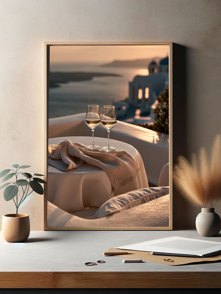 Santorini Sunset Wine Photography Poster. — room view 2