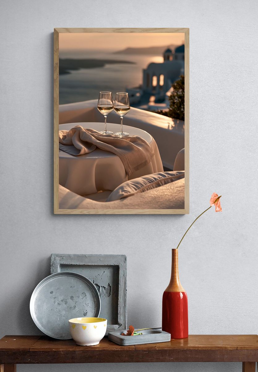 Santorini Sunset Wine Photography Poster. — room view 3