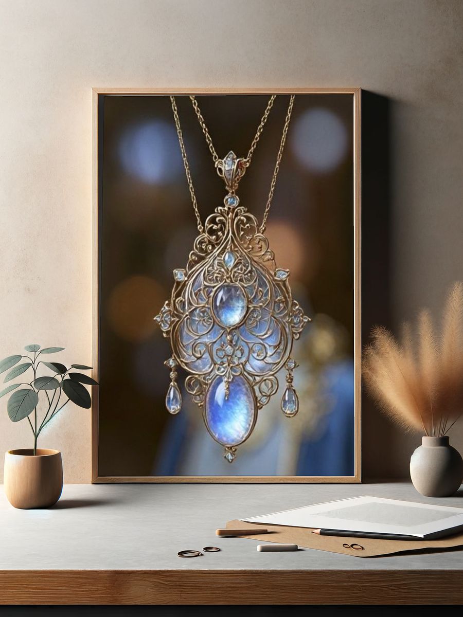 Ornate Blue Gem Pendant Photography Poster. — room view 2