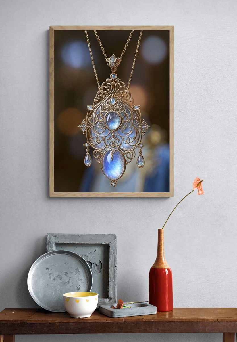 Ornate Blue Gem Pendant Photography Poster. — room view 3