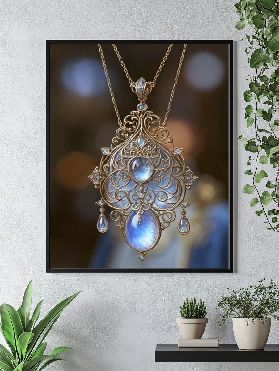 Ornate Blue Gem Pendant Photography Poster. — room view 4