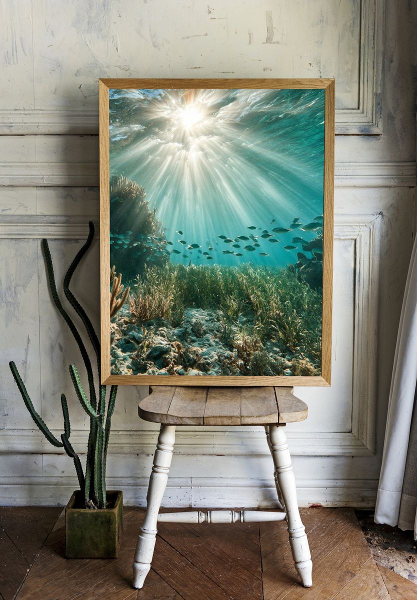 Sunlit Coral Reef Photography Poster. room preview