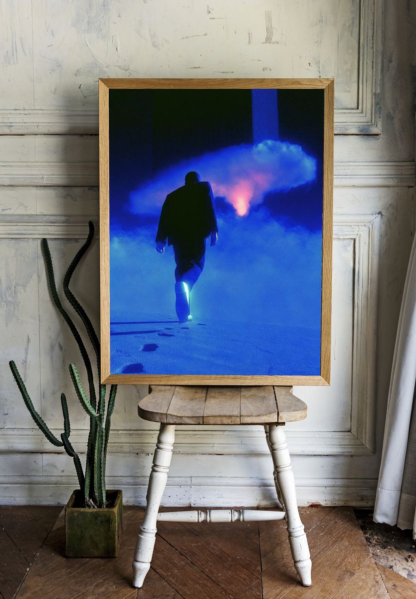 Neon Figure in Blue Fog Poster. room preview