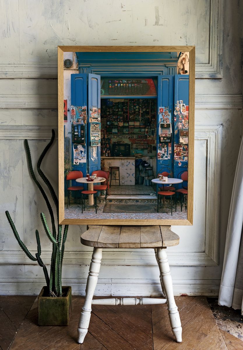 Blue Café Facade Photography Poster. room preview