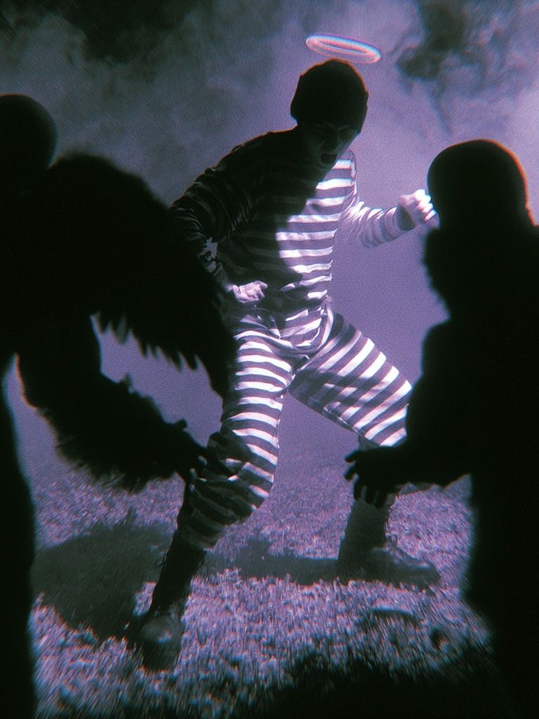Surreal Striped Figure Photography Poster. poster detail