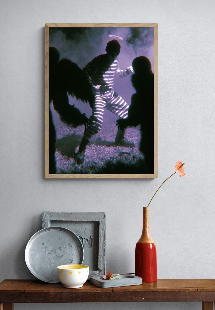 Surreal Striped Figure Photography Poster. — room view 3