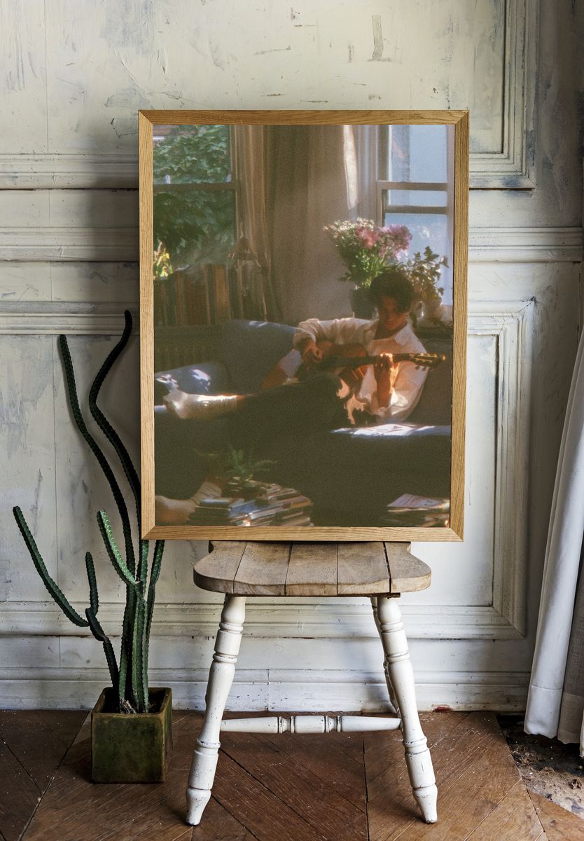 Sunlit Guitar Lounge Photography Poster. room preview