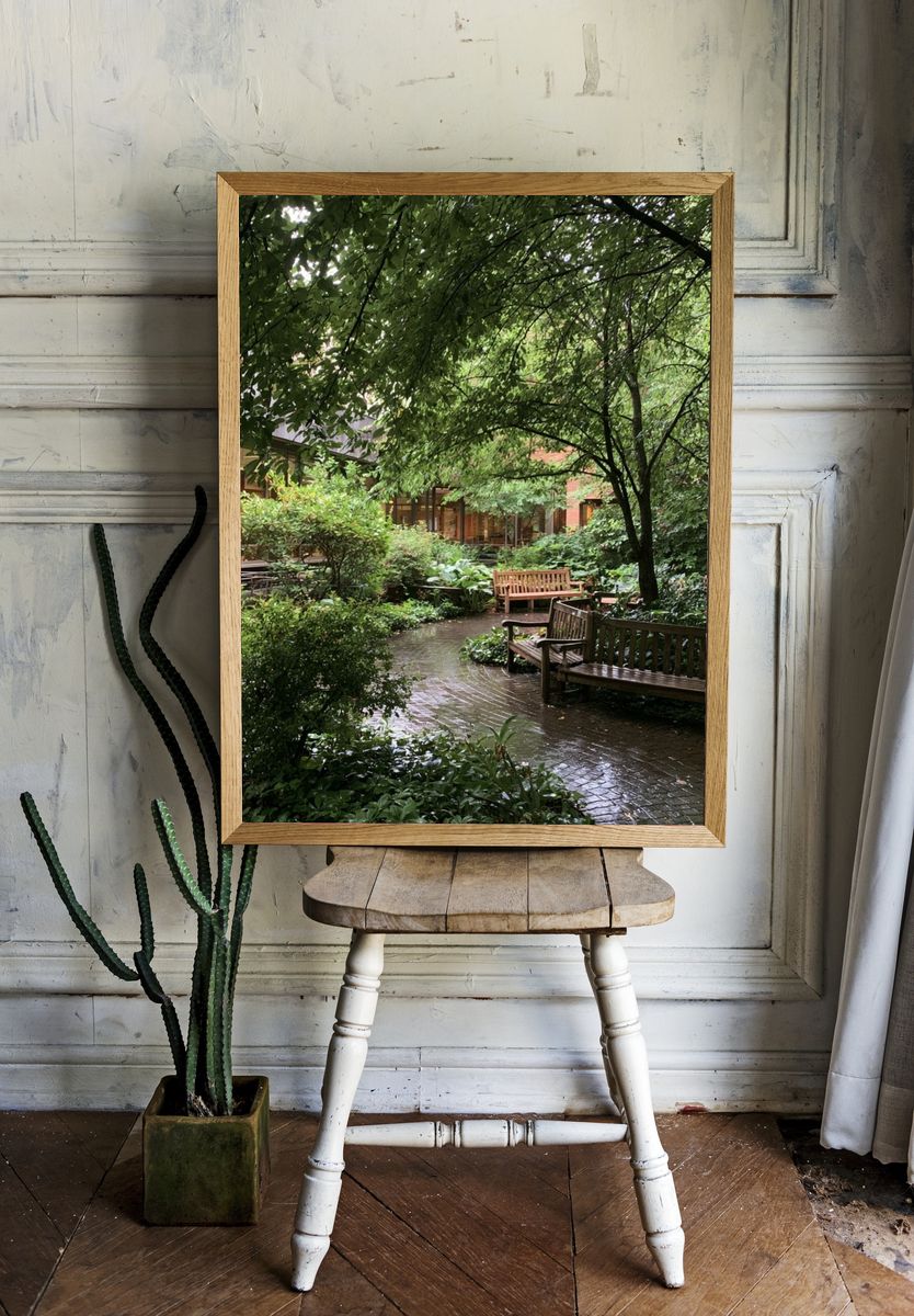 Rainy Garden Courtyard Photography Poster. — room view 1